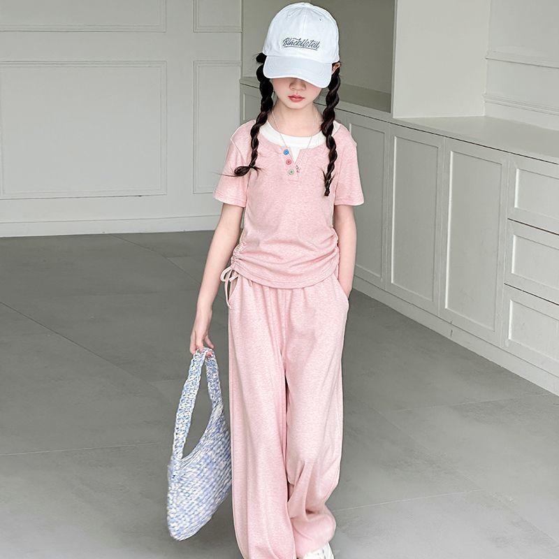 Girls' Summer Set Fashionable and Casual Children's Summer Short Sleeved Wide Legged Long Pants Two-piece Set