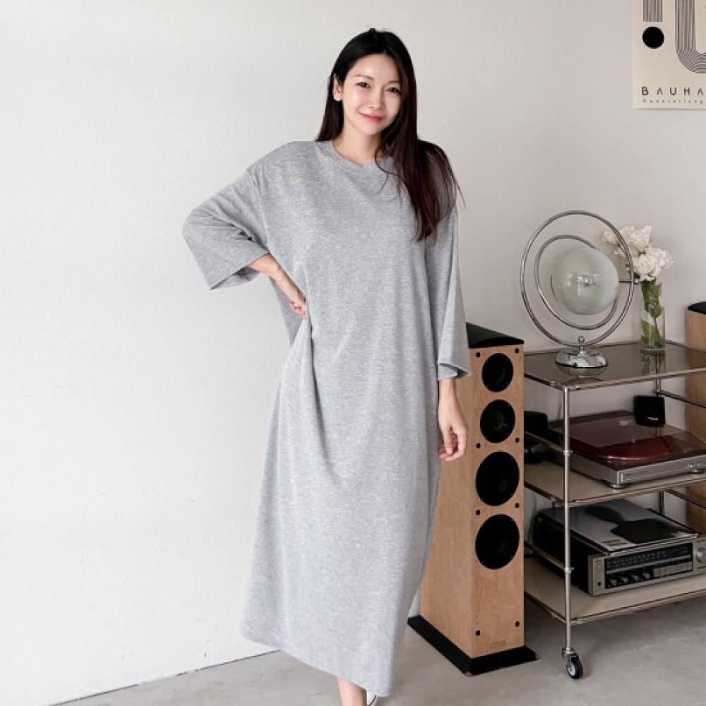 Shop Women Round Neck Solid Oversized Simple Long Dress Melange Gray Ara Wdr