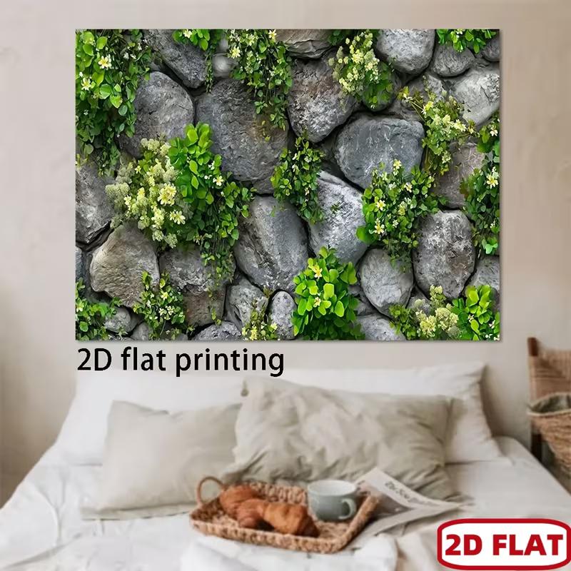 2D Rustic Stone Wall Green Foliage White Flower Vine Photo Backdrop