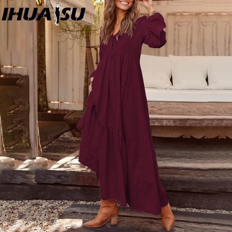 IHUASU Women's Cotton Maxi Dress Long Sleeve Ruffle Pocket