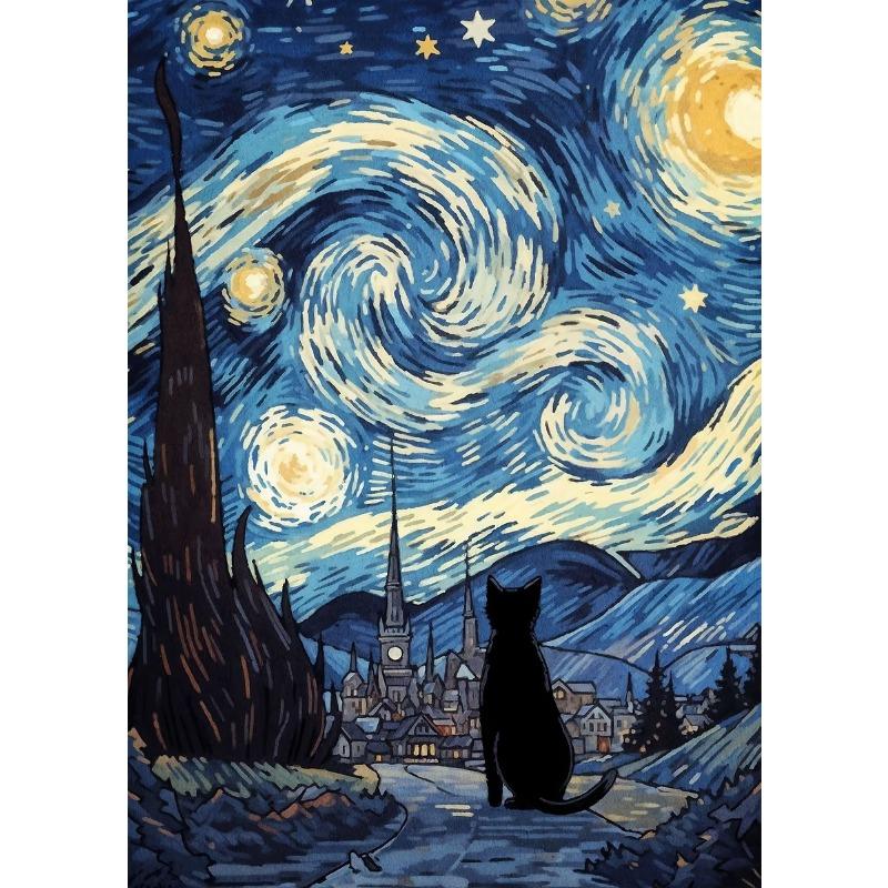 Черный кот под небом Серия «Звездная ночь» Тематическая печать на холсте Модные популярные цвета Фреска Студия Домашнее украшение Искусство Подарки