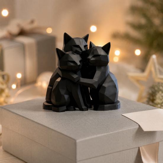 jijijing 3D Printed Black Cat Figurine, Three Hugging Geometric Statue, Modern Animal Shape Sculpture for Home Office Bookshelf