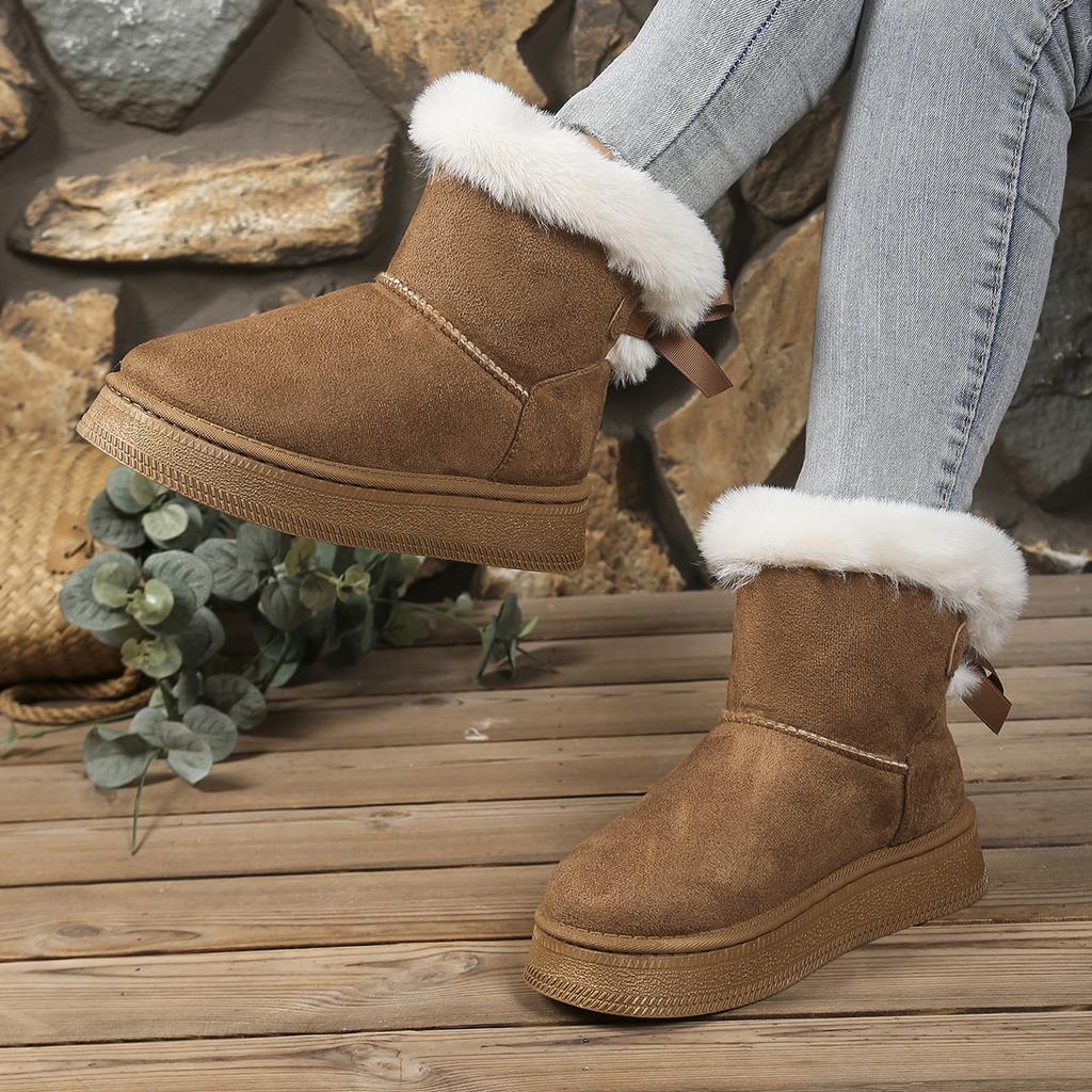 Sweet Bowknot Decoration Suede Snow Boots Women 2025 Soft Thick Bottom Ankle Boots Women Warm Faux Fur Non Slip Winter Shoes