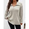 Autumn and Winter Solid Color Plus Size Women's Tops V Lapel Long-sleeved Pit Stripes Abrasion Loose Pullover