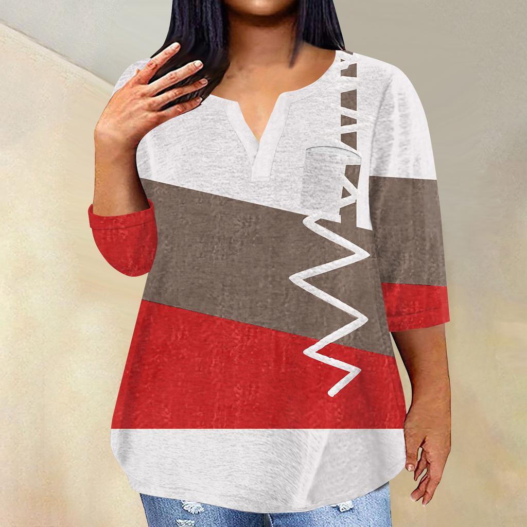 Женский модный повседневный пуловер с рукавами три четверти и V-образным вырезом с принтом, топ с рукавами 4/3