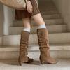 Мода 2025 Осень Женские Сапоги Кожа Замша Женская Обувь Острый Носок Тонкий Каблук Слипоны Сапоги до Колена Западный Современный Женские Сапоги