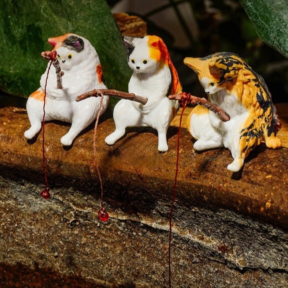 2PCS Cute Micro Landscape Decoration Floating Look Floating Cat Fishing Cat Fishing Model Home