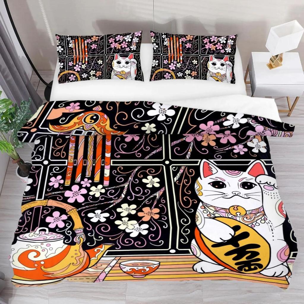Japanese Lucky Cat Quilt Cover Set Japanese Cute Bedding Set With Pillowcase Quilt Cover Three-Piece Set