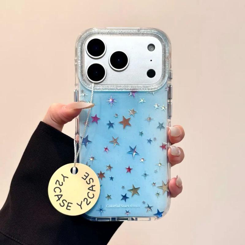 Милый Чехол для Телефона с Лазерным Узором из Звезд для IPhone 16 15 14 17 Pro Max 13 Ударопрочный Защитный Мягкий Чехол с Принтом Пятиконечных Звезд