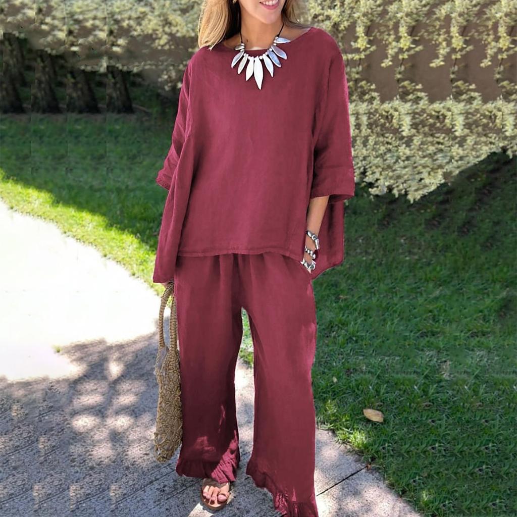 Новые осенние женские однотонные свободные повседневные брюки из хлопка и льна, костюм из двух предметов