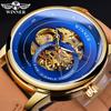 Mechanical Automatic Mens Watch Fashion Leather Strap Blue Skeleton Dial Casual Wristwatch Waterproof Luminous Hand Clock