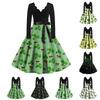 Women's St. Patrick's Day Print V-Neck Slim Fit Long Sleeve Swing Dress