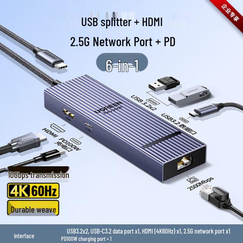 Ugreen 6-в-1 USB-C хаб с HDMI, USB, 2,5G Ethernet