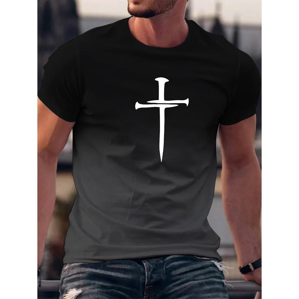 Christian Cross Pattern Print Men's Comfy O-Neck T-shirt Graphic Tee Summer Clothes Outfits  T Shirts Bibble