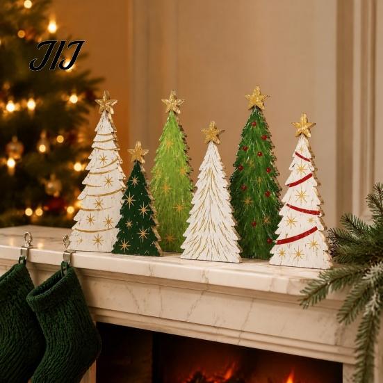 Miniature Festive Desktop Displays 6Pcs Wooden Christmas Tree Tabletop Decor Set, Rustic Star Topped Natural Wood Tiered Tray Mini Figurines,
