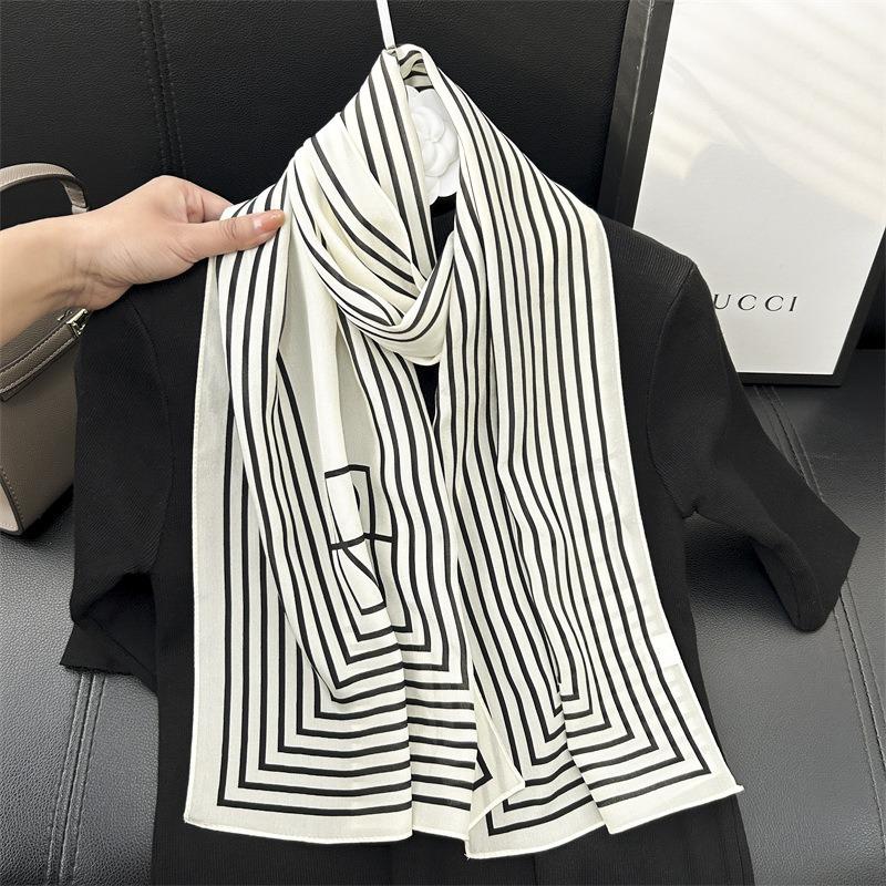 Black and White Paper Pattern Mulberry Silk Silk Scarf Women's Long Strip Simple and Versatile Silk Small Scarf Spring and Autumn Thin Silk Scarf
