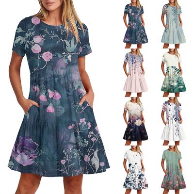 Женское повседневное модное платье-миди с круглым вырезом и коротким рукавом с принтом и карманом