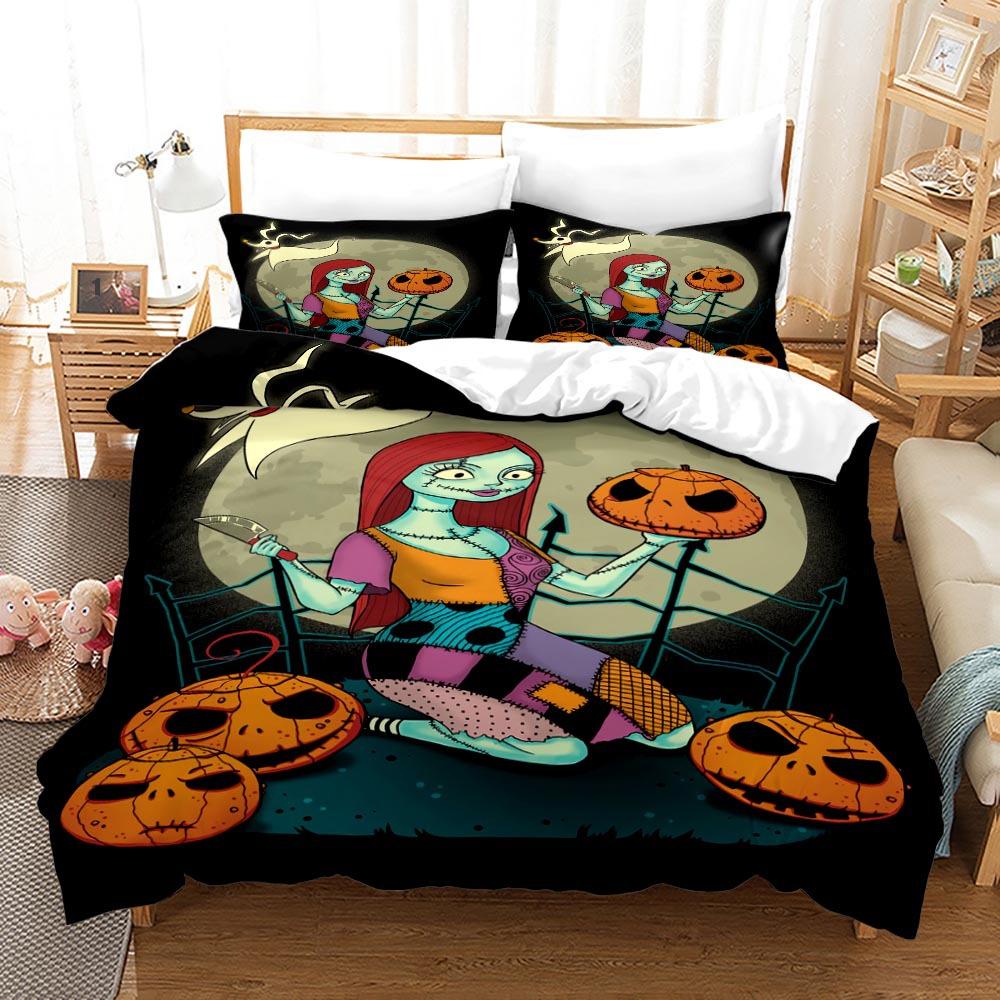 3pcs Queen Size Duvet Cover Sets, Nightmare Before Christmas Jack and Sally Rose Decor Bedding Set 2/3pcs Polyester Quilt Cover