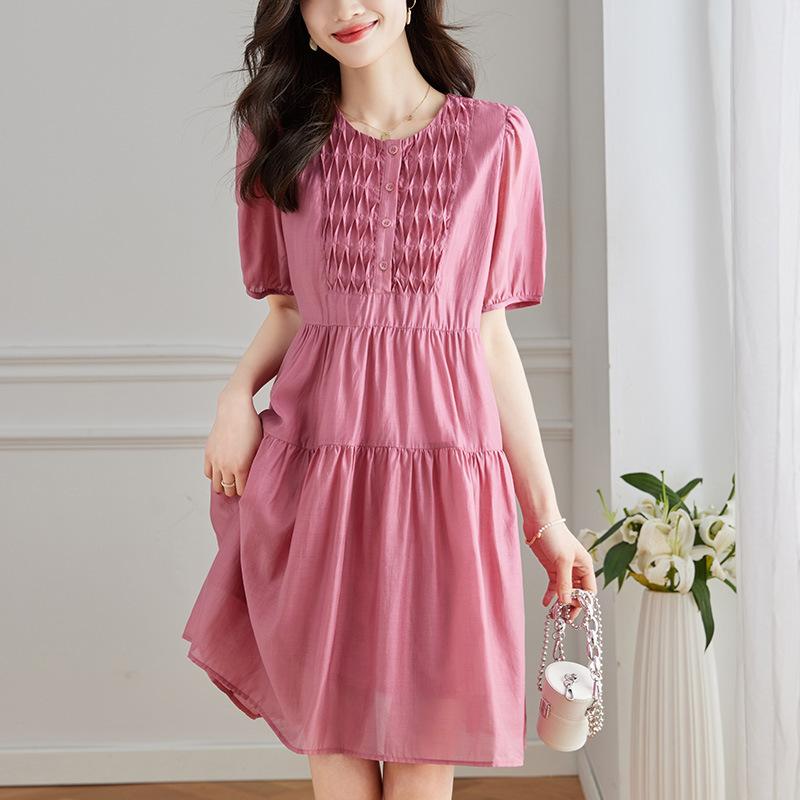 Rose Red Dress Women's Medium and Long Skirt Hot Season New Waist Slim A-shaped Skirt
