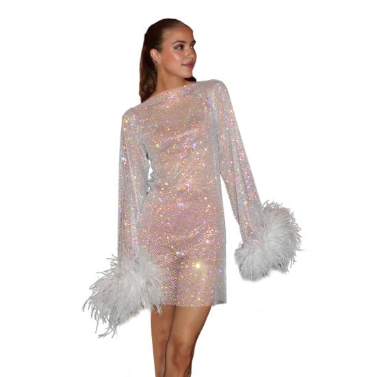 Sexy Glitter Evening Dress with Fur-Trimmed Cuffs Round Neckline Long Sleeves See-through Slim Fit Dress