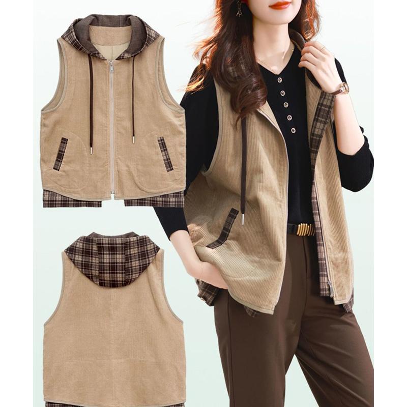 Hooded Vest Jacket Women's Spring and Autumn Zipper Solid Color Pockets Outside Sleeveless Tops
