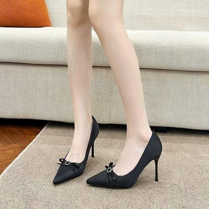 Fashion Autumn New Thin Heel Single Shoes Women's Fashion Pointy Butterfly Knot Anti-slip Wear-resistant Slip-on High Heels