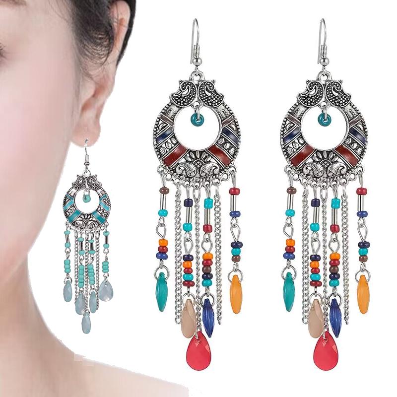 Nieuwe Vintage Zigeuner Etnische Waterdruppel Oorbellen Voor Vrouwen Boho Lange Acryl Kralen Kwast Oorbellen Bijoux Femme