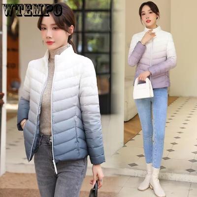Легкий пуховик для женщин с постепенно меняющим цвет пухом белой утки, повседневный пуховик со стойкой