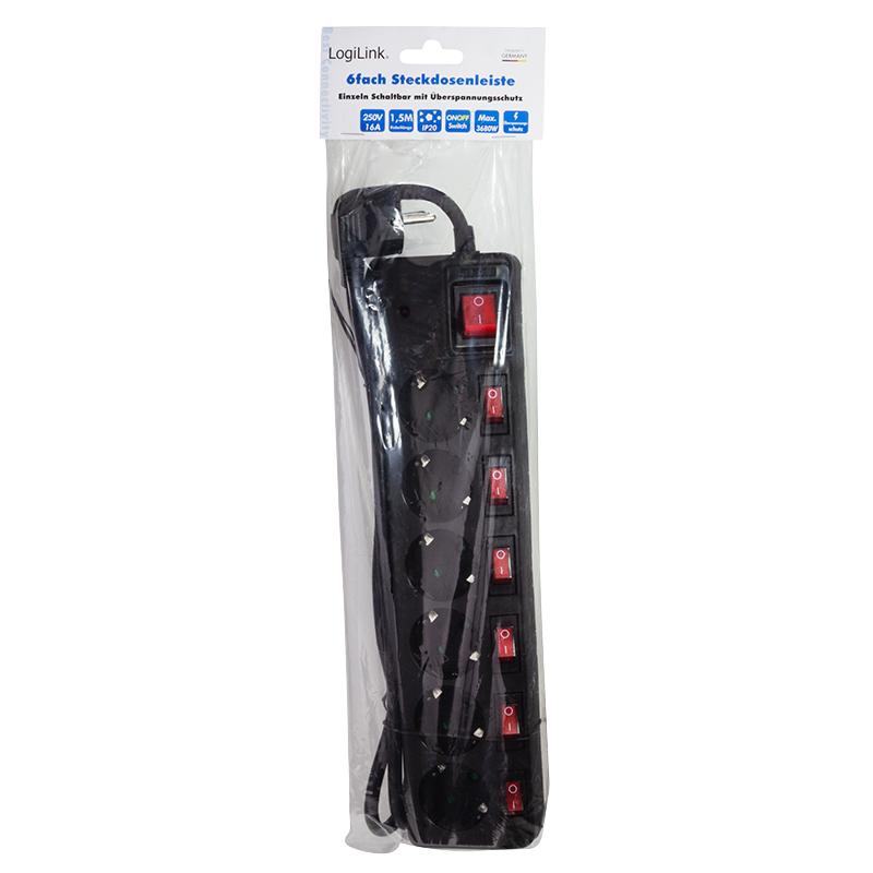 LogiLink Power Strip 6 Sockets 1.5m 7 Switches Surge Protector Black