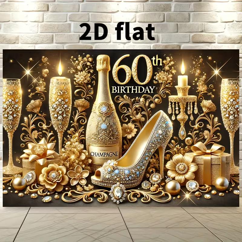 2D Фон для Фото на 60-летие Черно-Золотой Баннер для Стола с Десертами