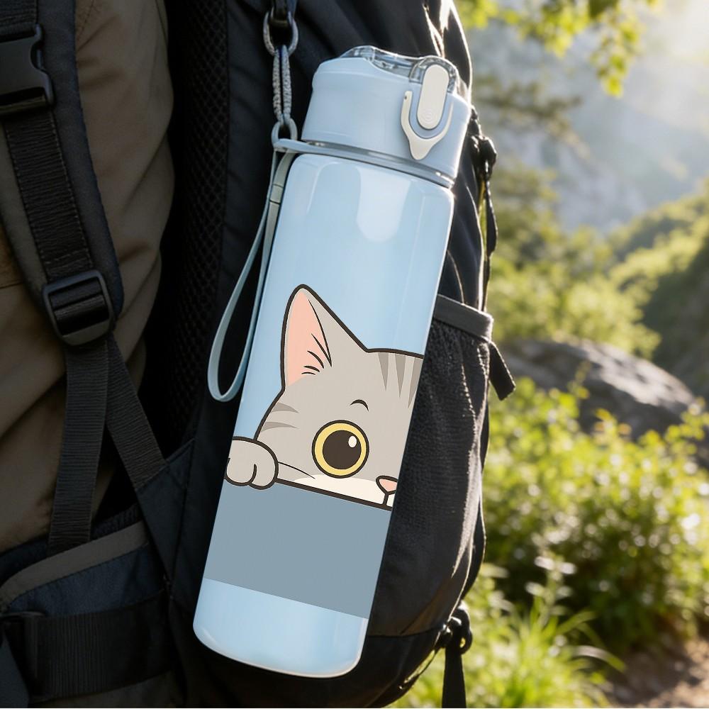 1PC Grey Cat Peeking Cartoon 750ml Color Plastic Sports Water Bottle Leakproof Flip Straw Lid Suitable for Sports Office Home Use