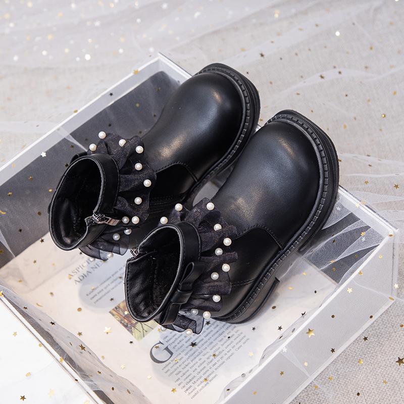 Girls Short Boots Side Zipper Bowtie Cute Children Fashion Winter Boots Elegant Lace Kids Thick Warm Plush Fur Boots Leather