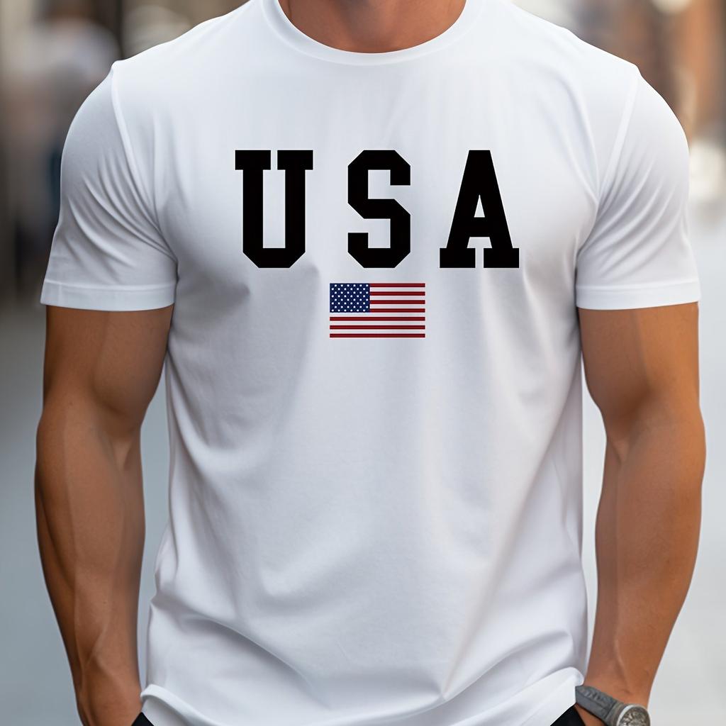 Men's 100% Pure Cotton Summer Loose Fit Large Usa Print Casual Slim Fit Round Neck Short Sleeved T-shirt Top