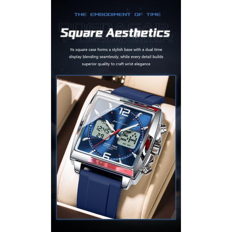 POEDAGAR Luxury Top Man Watch Electronic Square LED Alarm Chronograph Watches Week Date Dual Time Display Quartz Clock