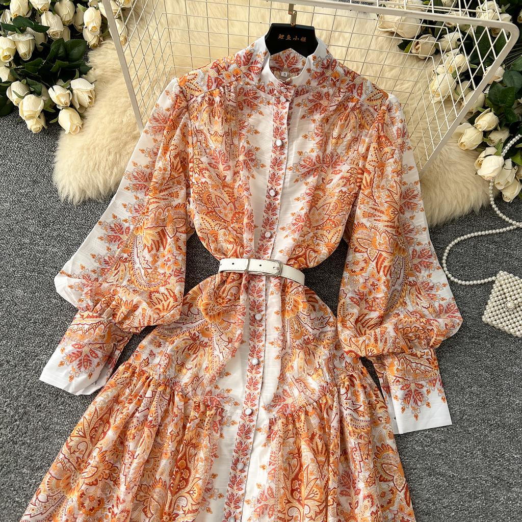 Spring Autumn Women Big Size Print Single Breasted Long Maxi Loose Seaside Holiday Beach Dresses with Belt