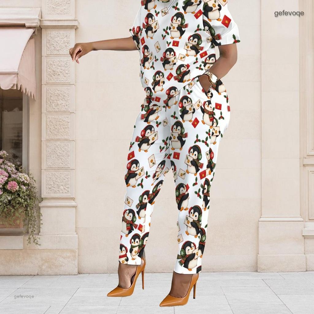 Women Plus Size Two Piece Set Short Sleeve Penguin Printed Top Pocket Pants White Casual Outfits