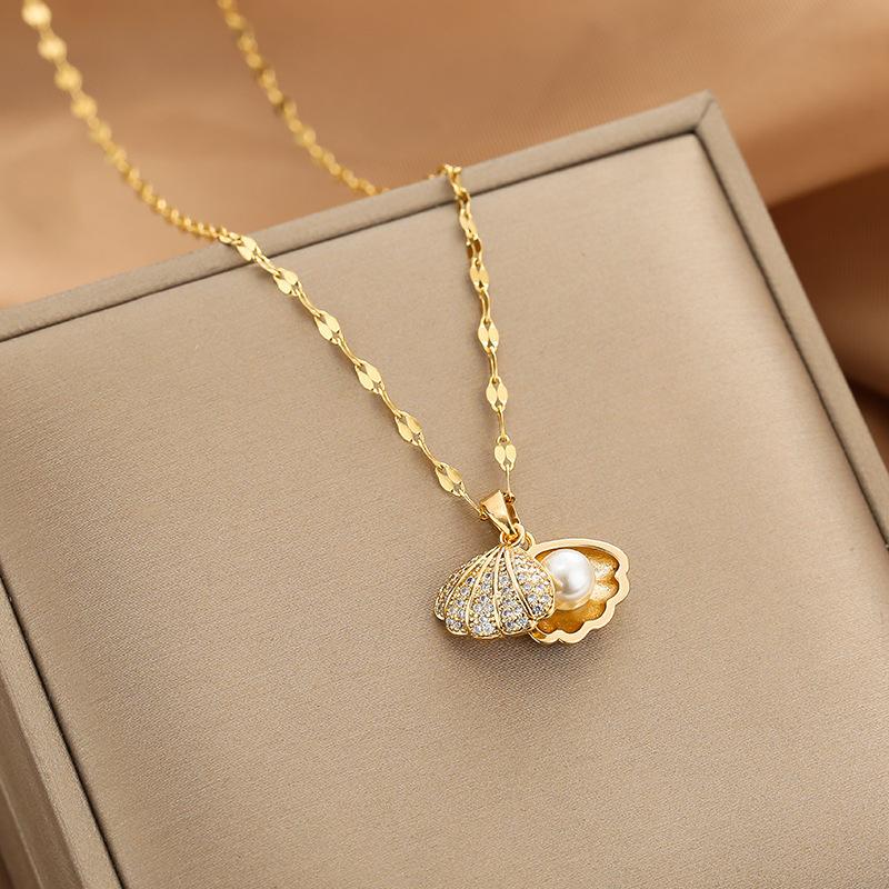 Fashion Shell Starfish Pearl Pendant Necklace for Women Stainless Steel Zircon Heart Clavicle Chain Summer Beach Jewelry Gift