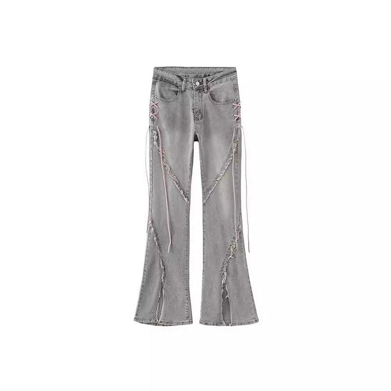 Джинсы женские весна-лето ретро горячая девушка нишевый дизайн нерегулярный разрез слегка расклешенные длинные брюки