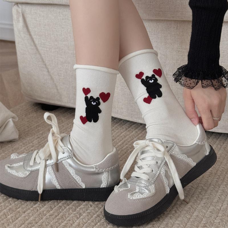 Свернутые носки для женщин, осенние красные и белые носки до середины икры, мультяшные носки-пиле с медведем, полосатые бесшовные носки