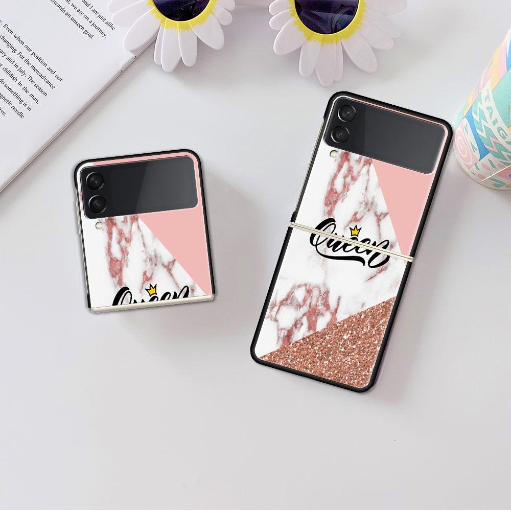 Роскошный чехол для Samsung Galaxy Z Flip 4 3 5G Черные жесткие ПК чехлы для телефона Модная задняя крышка ZFlip Funda Розовый цветок Сердце Ракушка Sac