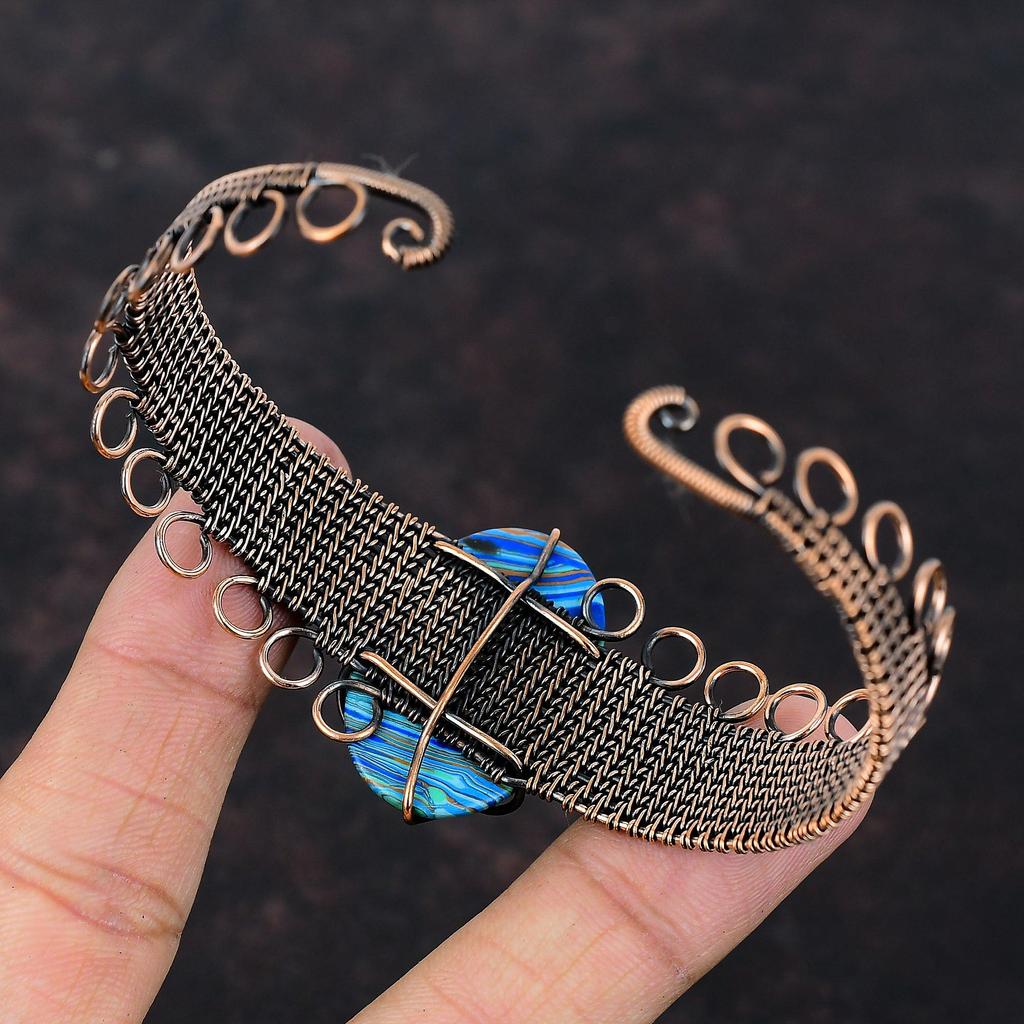 Радужный кальцит браслет-манжета с обмоткой из медной проволоки браслет-манжета из драгоценного камня ручной работы регулируемый браслет медные украшения подарок для невесты