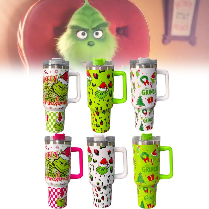 Термокружка Grinch из нержавеющей стали, 40 унций, с крышкой-поилкой и соломинкой, в современном зеленом дизайне
