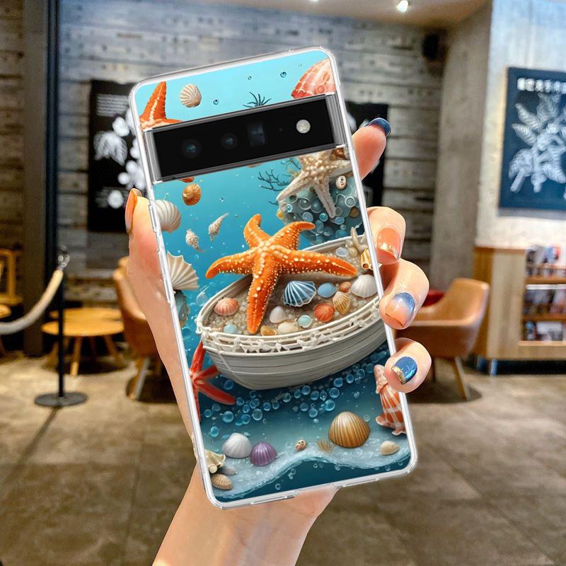 Чехол для телефона Google Pixel 9 8 7 6 5 4 4XL 7A 6A 5A 4A 3A Pro XL 5G Прозрачный Мягкий ТПУ Корпус Узор на Тему Морской Жизни