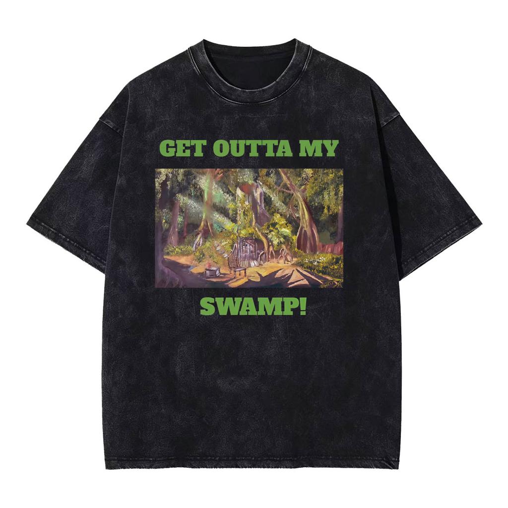 Funny Shrek Themed Get Out of My Swamp Meme T Shirt Men Women Fashion Humor Oversized T-shirts Streetwear Vintage Washed T-shirt