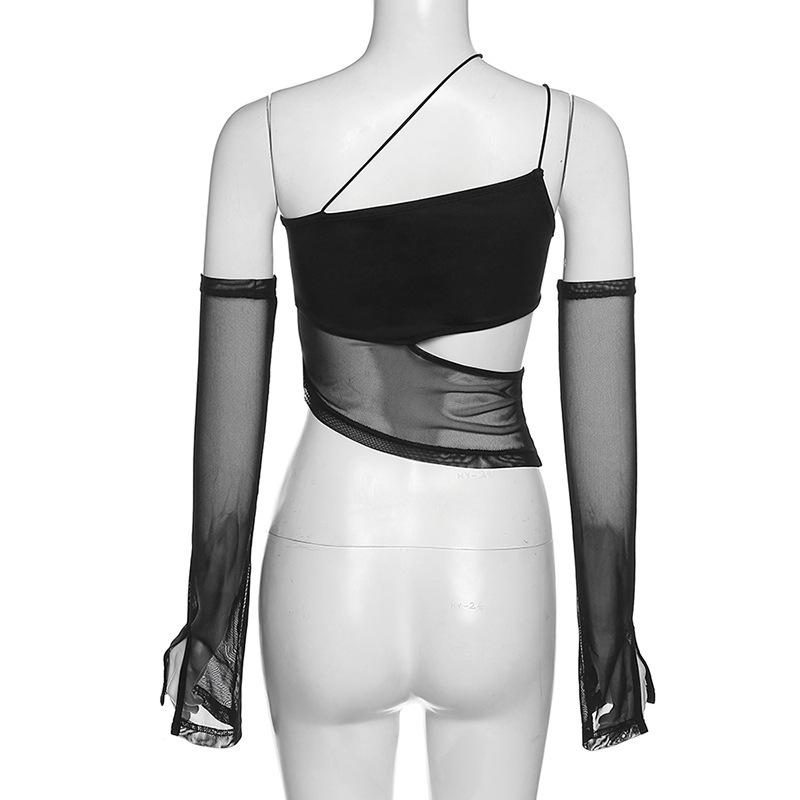Asymmetrical Hollow Mesh Crop Top with Sleeves, Fairy Rock Outfit, Transparent Camisole, Vest
