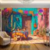 One Mexican carnival-themed backdrop, featuring colorful paper cutouts, cacti and guitars, suitable for various occasions