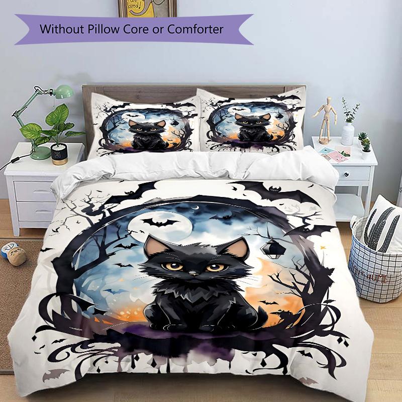 3pcs Noble Black Cat Art Quilt Set - Soft and Comfortable Bedroom, Guest Room and Dorm Decor Bedding Set 1 Quilt Cover + 2 Pillowcases.L074