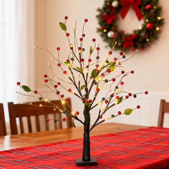 22" Berry Blossom Twinkling Tree with Lights 24 LED Lighted Branches Artificial Christmas Tabletop Bonsai Lamp for Living Room Bedroom Home Decor
