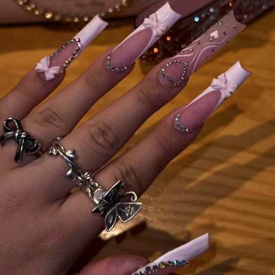 Popular Wearing Nail Long Hot-selling Bow Flash Diamond Nail Art Piece Fake Nail Finished 24 Pieces