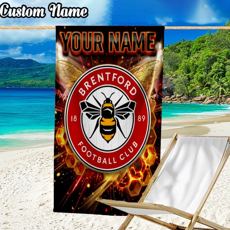 Custom Name Brentford Football Club Crest Beach Towel Soft Microfiber Fabric Bath Towels for Swimming Travel Camping, Outdoor essentials Gifts
